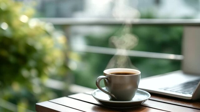 Faceless coffee and laptop break on terrace table cup steam rising stainless railing and greenery defocused soft overcast light bottom band empty for text faceless terrace