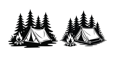 Camping tents with pine trees and campfire, classic outdoor adventure emblem vector art