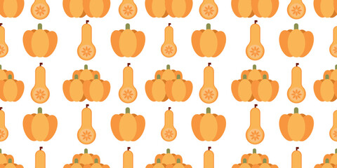 Seamless fall pattern featuring bright orange pumpkins of different shapes and sizes. Perfect for fabric, packaging, and Thanksgiving decor.