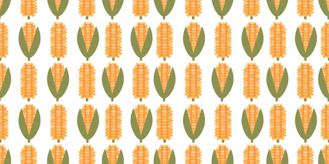 Seamless harvest pattern featuring ripe corn cobs with yellow kernels. Ideal for textile, wrapping paper, and rustic Thanksgiving designs.