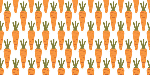 Seamless pattern showing orange carrots with green tops. Ideal for textile, packaging, wrapping, and fall harvest designs.