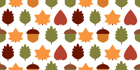 Seamless pattern featuring acorns and autumn leaves in yellow, green, brown, and red shades. Perfect for fabric, wrapping, and fall decor.