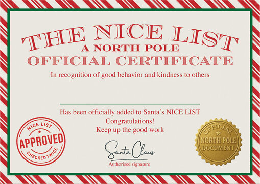 Christmas Nice List Certificate Template — Official Santa Claus North Pole Printable Award