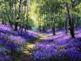 Oil Painting Bluebell Forest Landscape Sunlight Path Woodland Purple Flowers Springtime Nature Art Vibrant Green Trees