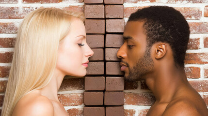 Blonde woman black man brick wall face to face intimacy profile contrast close up couple