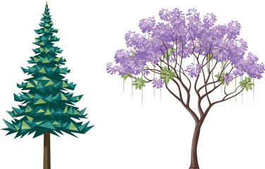 Stylized evergreen tree and purple-flowered deciduous tree side by side, botanical contrast, seasonal foliage, nature diversity, spring bloom, forest flora, educational illustration, landscape design 