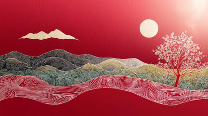 Red landscape red sea red hill red tree red moon calm abstract landscape with decorative lines