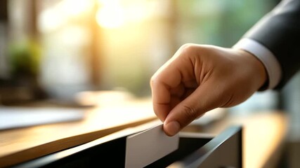 Faceless detail of a hand inserting a blank access card into a desk drawer safe office backdrop defocused soft rim light headline zone on right faceless access card security