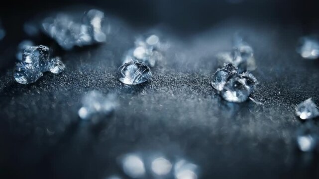 Close Up Macro Shot Of Sparkling Crystals Scattered On Dark Textured Surface With Blue Lighting Effects And Shallow Depth Of Field