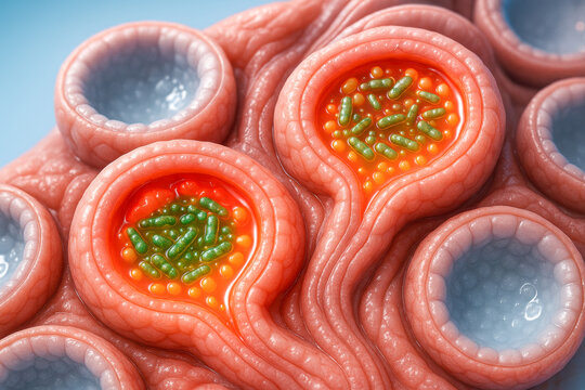 Clinically accurate 3D medical illustration of prostate acini infected by acute bacterial prostatitis, showing swollen tissue and bacterial colonies.
