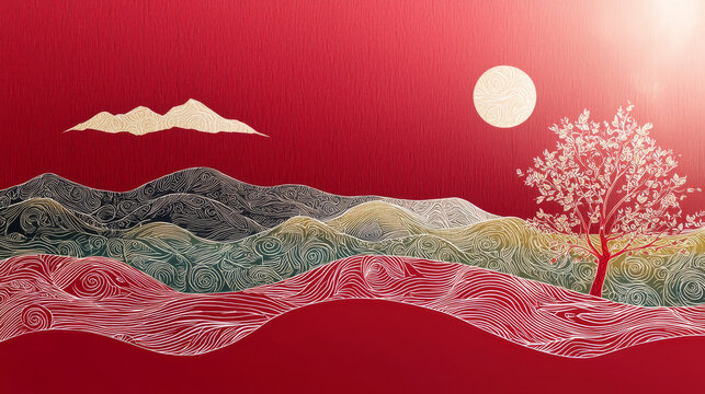 Red landscape red sea red hill red tree red moon calm abstract landscape with decorative lines