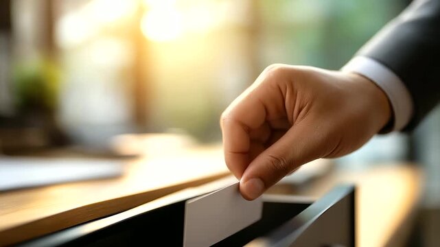 Faceless detail of a hand inserting a blank access card into a desk drawer safe office backdrop defocused soft rim light headline zone on right faceless access card security