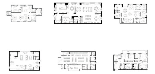 Set of six black and white architectural floor plans for various residential units