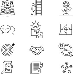 Collection of Business and Strategy Icons for Professional Development and Teamwork Concepts, Including Goals and Ideas
