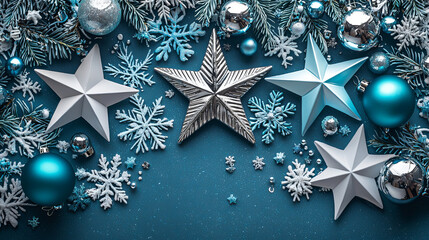 Sparkling blue star ornament silver bauble winter snowflake festive arrangement joyful