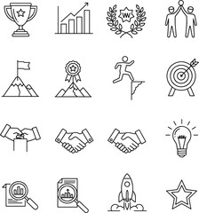 Collection of business and success related icons including trophy, charts, handshake, target, rocket, and lightbulb illustrations