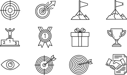 Collection of business and success icons featuring targets, mountains, awards, and goal achievement symbols, vector illustration