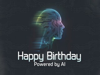 A colorful, AI-themed birthday greeting featuring a digital profile and circuit patterns, celebrating innovation and technology.