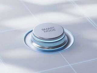 A sleek, modern button with "SMART MODE" inscribed, illuminated by a blue glow, set against a minimalist background, suggesting advanced technology.