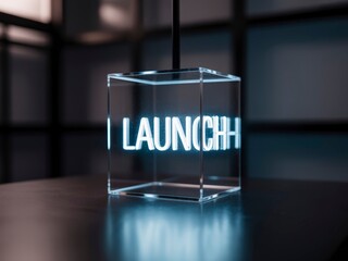 A glowing cube lamp with the word "LAUNCH" illuminated in neon, set against a dark background.