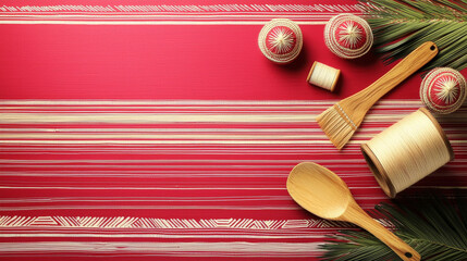 Handmade wooden spoon thread spool Christmas ornament woven ribbon pine branch crafting tools