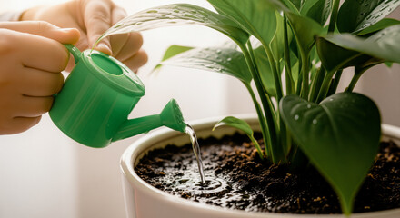 Childs hands watering a green houseplant with a small watering can close up home gardening and care routine