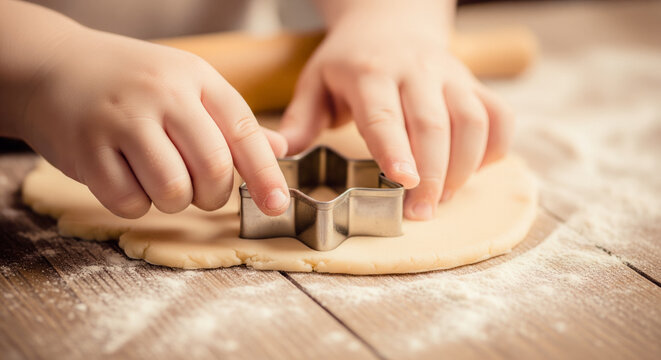 Childs hands using a metal cookie cutter on rolled dough on a flour dusted wooden table family home baking