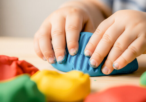 Childs hands sculpting with colorful modeling clay on a wooden table creative fine motor skills development activity