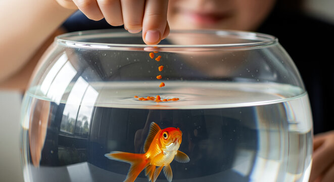 A childs hand sprinkling fish food flakes into a clean aquarium for a goldfish pet care and responsibility
