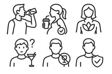 User Profile Icons. Line style icons of user profiles: athlete drinking zero brew, pregnant woman with safe drink, wellness seeker