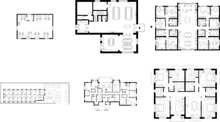 Collection of architectural floor plans showing different building layouts and room arrangements