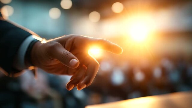 Faceless hand hovering over a wireless presentation clicker projector light cone and audience seating defocused warm stage spill bottom strip clean faceless presentation