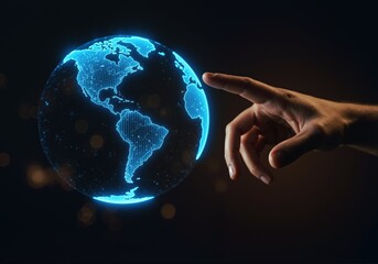 A human hand reaching for a glowing digital Earth, global network