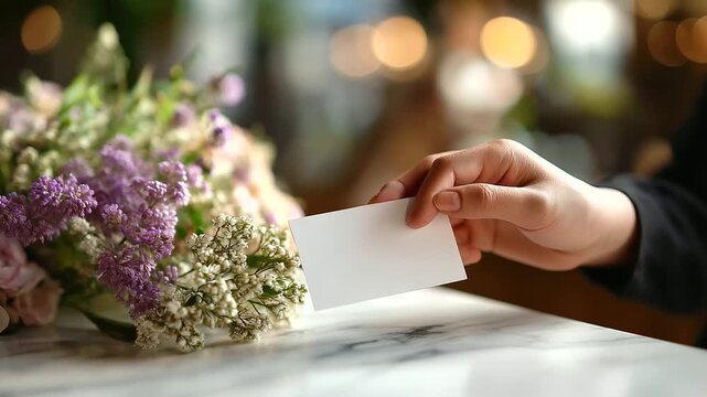 Faceless hand placing a neutral business card on a marble counter front desk flowers defocused soft specular highlights clear top band for logo faceless business card premium