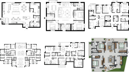 Six architectural floor plans including one colored rendering