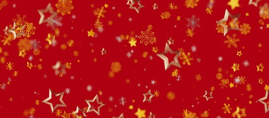 Christmas background with golden stars and snowflakes on a vibrant red backdrop. Perfect for holiday greetings and festive designs. Evokes joy, © vegefox.com