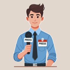 Flat illustration of a young journalist holding a microphone during a press conference