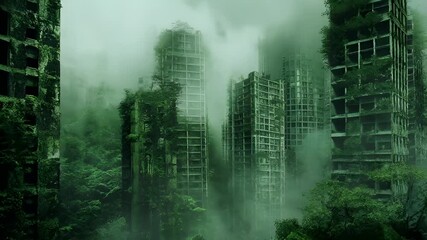Destroyed ruins abandoned buildings apocalypse scene of city. futuristic urban landscape with highrise buildings and dense vegetation in a misty, greenish hue.
