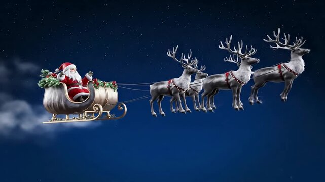 Green Screen santa sleigh flies front alpha matte christmas reindeer night 3d rendering animation 4k scene 4 with distortion, overlay, glitch, static noise, scan lines on black background, animated