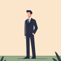 Flat Illustration of Man in Black Suit and Tie Standing with Hand in Pocket on Beige Background