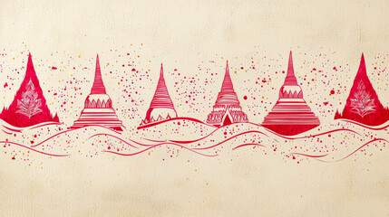Red temple silhouettes with decorative waves and splatter art, festive and serene