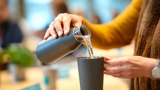 Faceless hands pouring water into a carafe during a meeting break matte tumbler conference backdrop defocused warm practicals upper third empty faceless hydration break def