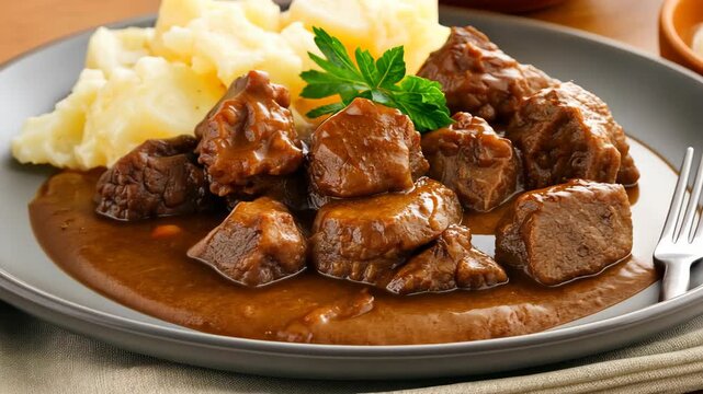 Enjoy a hearty plate of tender beef stew paired with smooth mashed potatoes, perfect for a cozy family dinner