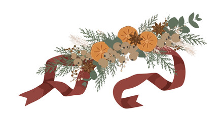 A festive illustration of a holiday garland, featuring dried oranges, greenery, and a flowing ribbon, perfect for seasonal designs.