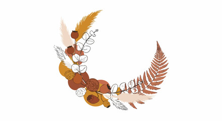 A delicate crescent moon floral arrangement, featuring dried leaves, pampas grass, and botanical elements, perfect for elegant designs.