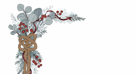 An elegant corner design features eucalyptus leaves, red berries, pine branches, and a decorative rope knot, perfect for holiday-themed projects.