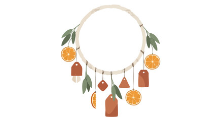 A whimsical illustration features a circular frame adorned with dried orange slices, green leaves, and decorative tags, perfect for design.