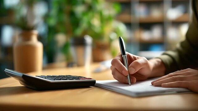 Faceless keyboard and notepad pairing hand jotting quick numbers calculator near office shelving defocused balanced light empty left column for copy faceless notes