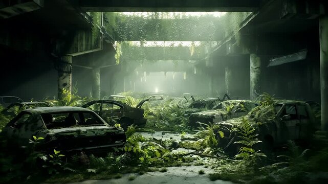 Destroyed ruins abandoned buildings apocalypse scene of city. A postapocalyptic scene featuring a dilapidated car amidst a lush, verdant environment. The car, covered in moss and ferns.