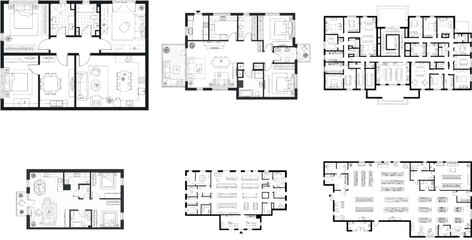 Set of architectural floor plans illustrating diverse building configurations and room arrangements